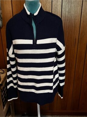 Lands' End Navy and White Striped Zip-Up Sweater